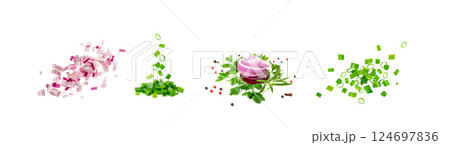 Falling Green Onion Cuts Isolated, Fresh Chive Pile, Flying Chopped Green Leek, Scallion Greens Pieces Falling Green Onion Cuts Isolated, Fresh Chive Pile, Flying Chopped Green Leek, Scallion Greens Pieces 124697836