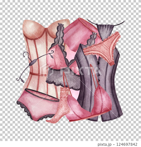 Pink purple lingerie, lace socks, women pyjamas. Watercolor illustration isolated on white. Logo, leaflets, booklets, postcards, packaging in underwear stores. Composition arrangement with lingerie 124697842