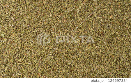 Dry thyme texture, dried marjoram pattern, oregano pile background, ground crushed thyme seasoning mockup 124697884