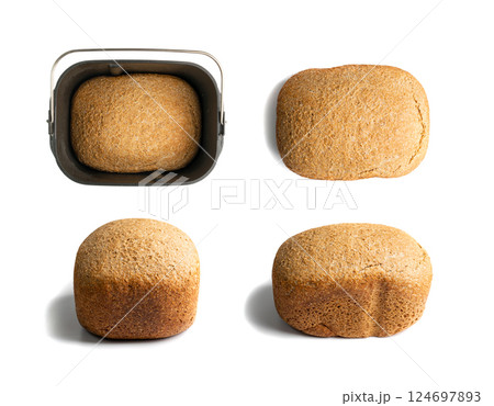 Homemade whole grain bread isolated, freshly baked wholegrain loaf bun in home bread maker 124697893