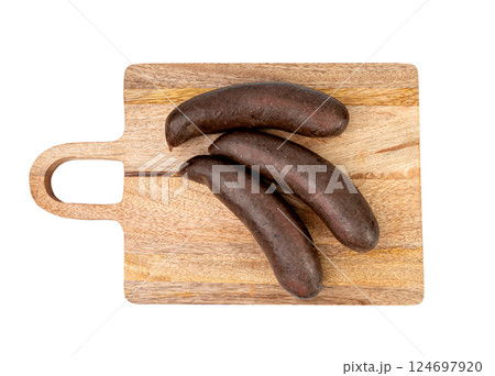 Black pudding isolated, blood sausage kaszanka, traditional Polish terrine, brawn sausages on white Black pudding isolated, blood sausage kaszanka, traditional Polish terrine, brawn sausages on white 124697920