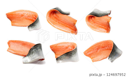 Fresh Salmon Fillet Isolated, Raw Norwegian Red Fish, Trout Meat Piece, Big Fresh Atlantic Salmon Fillet 124697952