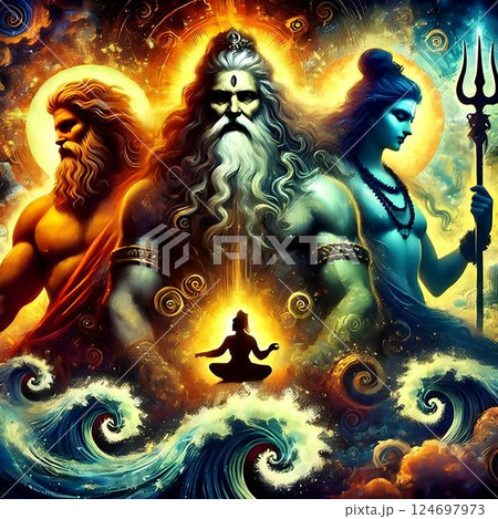 partnership between zeus, odin and shiva 124697973