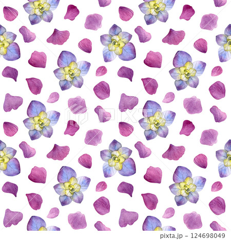 Hydrangea flowers pattern. Watercolor of yellow purple flowers and pink petals isolated on a white background. Good for postcards, invitations, greeting cards, wallpaper and textiles. Hydrangea flowers pattern. Watercolor of yellow purple flowers and pink petals isolated on a white background. Good for postcards, invitations, greeting cards, wallpaper and textiles. 124698049