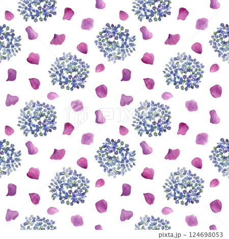 Hydrangea flowers pattern. Watercolor of blue purple flowers and pink petals isolated on a white background. Good for postcards, invitations, greeting cards, wallpaper and textiles. 124698053