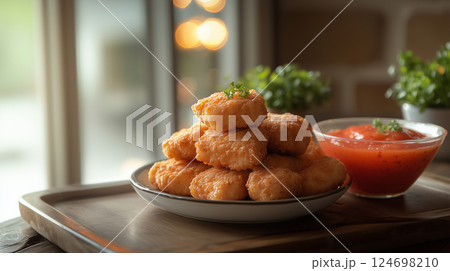 Portion of chicken nuggets on table 124698210