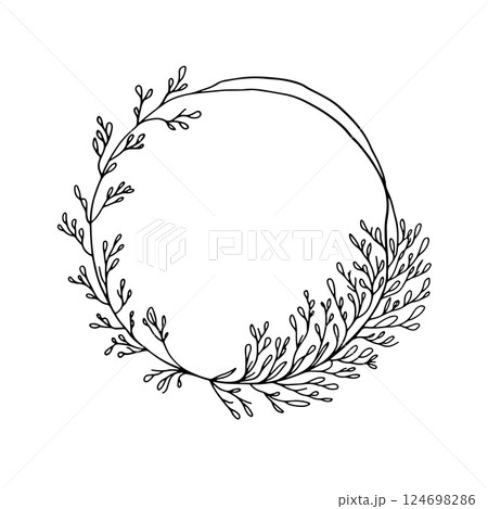 Botanical Laurel Wreath. Black and white outline laurel wreath and branches forming an elegant natural frame. Botanical Laurel Wreath. Black and white outline laurel wreath and branches forming an elegant natural frame. 124698286