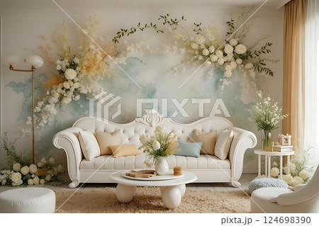 A white room with a floral wall and a white chair 124698390