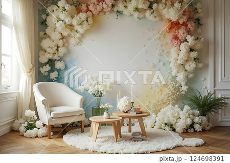 A white room with a floral wall and a white chair 124698391