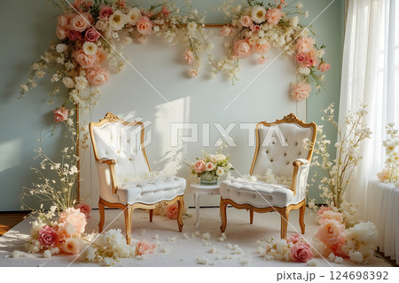 A white room with a floral wall and a white chair 124698392