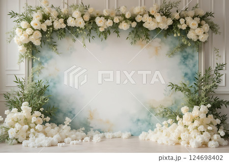 A white and blue floral backdrop with a blue sky and white flowers 124698402