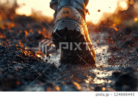 Hiking boot steps into thick mud with splash Hiking boot steps into thick mud with splash 124698443