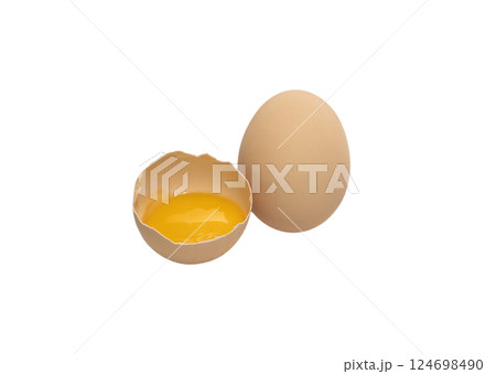 Light brown organic raw chicken egg with yolk isolated on white background. 124698490