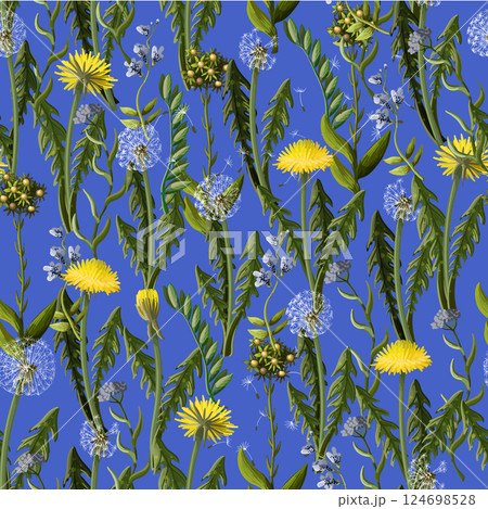 Seamless pattern with dandelion and wild flowers. 124698528