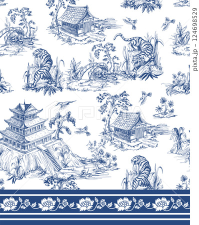 Seamless pattern in chinoiserie style for fabric or interior design. Seamless pattern in chinoiserie style for fabric or interior design. 124698529