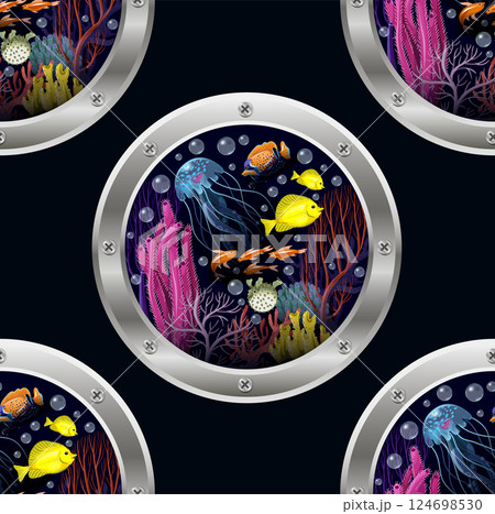 Seamless pattern with bathyscaphe window and sea inhabitans Seamless pattern with bathyscaphe window and sea inhabitans 124698530