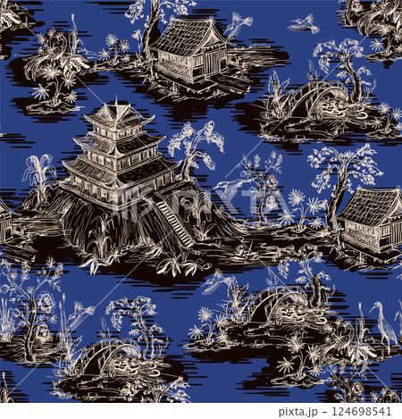 Seamless pattern in chinoiserie style for fabric or interior design. Seamless pattern in chinoiserie style for fabric or interior design. 124698541