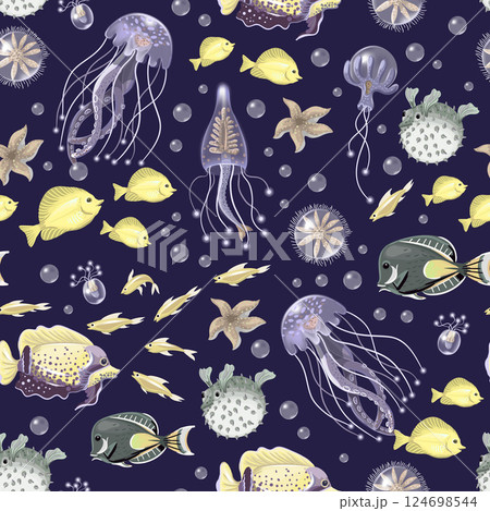 Seamless pattern with sea inhabitans and herb. Seamless pattern with sea inhabitans and herb. 124698544