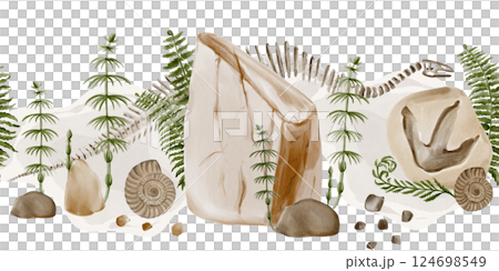 Seamless border with fossils and dinosaur skeletons. Fern and horsetail grow near the stones, Ammonite shell. Small stones are scattered. Light background. Watercolor illustration. Hand drawing. Seamless border with fossils and dinosaur skeletons. Fern and horsetail grow near the stones, Ammonite shell. Small stones are scattered. Light background. Watercolor illustration. Hand drawing. 124698549