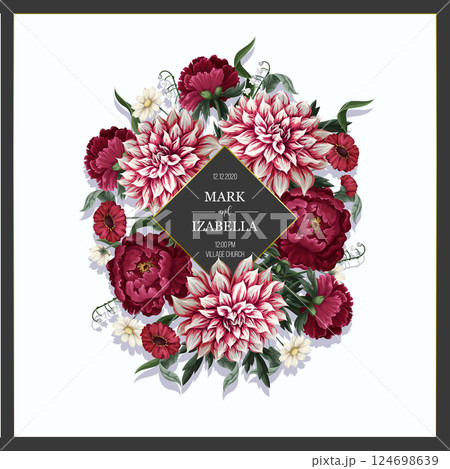 Wedding invitation with dahlia, peonies and wild flowers. Vector. Wedding invitation with dahlia, peonies and wild flowers. Vector. 124698639