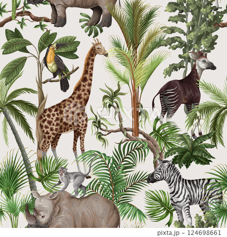 Seamless pattern with jungle animals and trees. Palm trees, giraffe, okapi, zebra etc.  Vector. 124698661