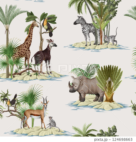 Seamless pattern with jungle animals and trees. Palm trees, giraffe, okapi, zebra etc.  Vector. 124698663