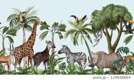 Mural with jungle animals and trees, realistic, cute landscape. Vector. 124698664