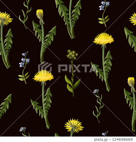 Seamless pattern with dandelion and wild flowers. 124698669