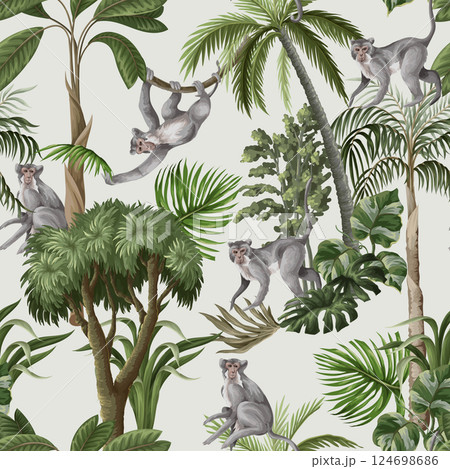Seamless pattern with monkeys and jungle trees. Vector. 124698686