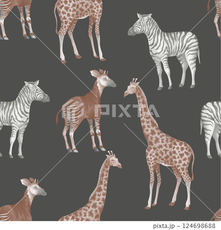 Seamless pattern with jungle animals such as giraffe, okapi, zebra. Vector. 124698688