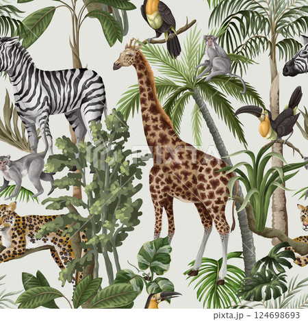 Seamless pattern with jungle animals and trees. Palm trees, giraffe, okapi, zebra etc.  Vector. 124698693