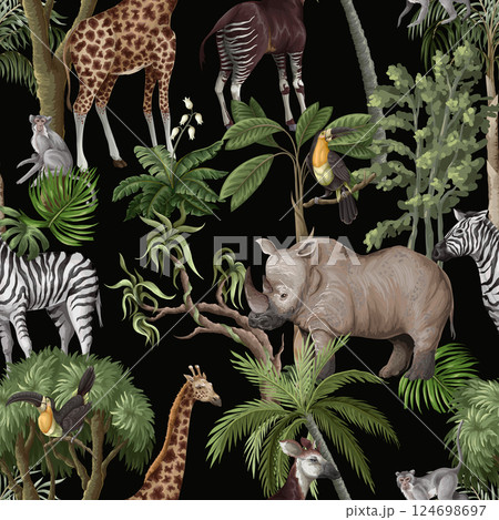 Seamless pattern with jungle animals and trees. Palm trees, giraffe, okapi, zebra etc.  Vector. 124698697