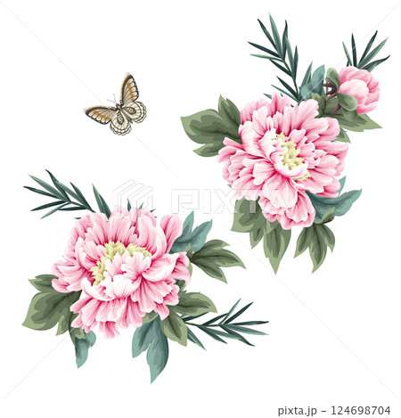 Chinese peonies and butterfly isolated. Vector. Chinese peonies and butterfly isolated. Vector. 124698704