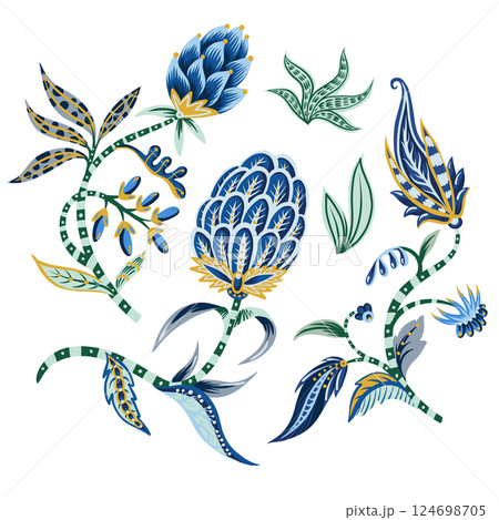 Chintz elements, flowers and leaves. Vector. 124698705