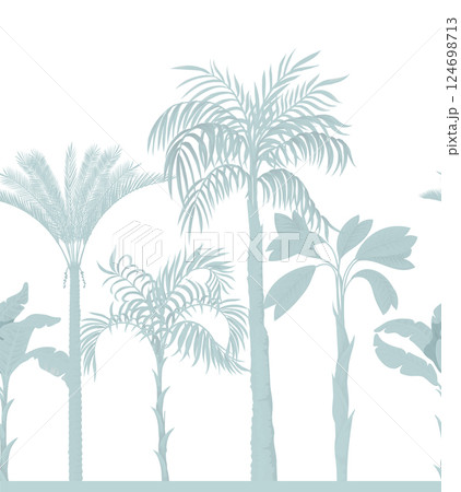 Border with monochrome silhouette palms and tropical trees. Vector. 124698713
