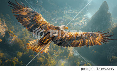 Majestic bald eagle soars over misty mountain...のイラスト素材 [124698845] - PIXTA