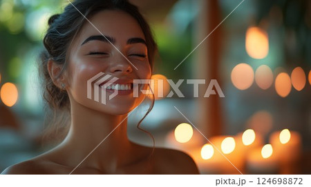 Woman with radiant smile and closed eyes enjoying warm light outdoors. Concept of happiness and self-care Woman with radiant smile and closed eyes enjoying warm light outdoors. Concept of happiness and self-care 124698872