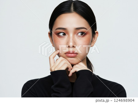 シンプルな背景で考え込む表情の女性ポートレート（AI生成画像） 124698904