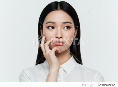 考え込む白いシャツの女性のポートレート（AI生成画像） 124698942