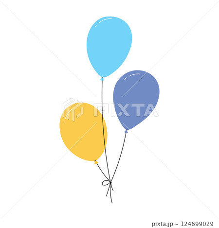 Bundle of balloons with strings, simple doodle outline, floating party decoration for birthday celebration. Flat vector illustration isolated on white background. 124699029