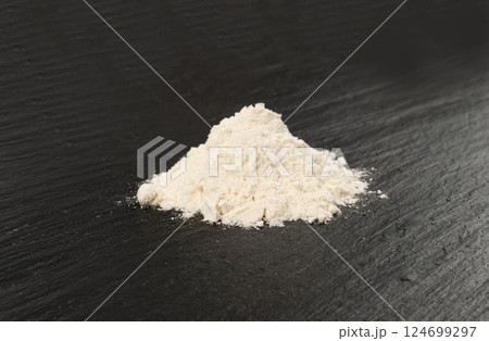 Flour Texture Background, Wheat Flour Pattern with Copy Space, Bakery Banner Mockup, Black Table Plate Flour Texture Background, Wheat Flour Pattern with Copy Space, Bakery Banner Mockup, Black Table Plate 124699297