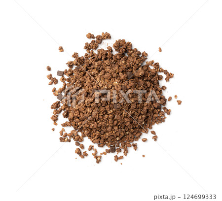 Chocolate Granola Pile Isolated, Cocoa Muesli Breakfast, Crunchy Cereals, Oatmeal Muesli 124699333