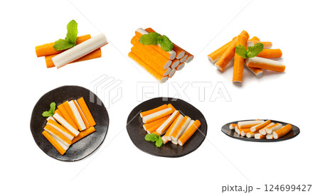 Crab Stick Isolated, Orange Crabstick Closeup, Crabmeat Food, Crabmeat Fish Sticks, Crab Sticks 124699427