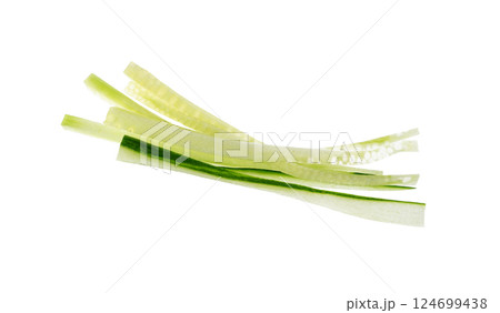 Cucumber cut isolated, cucumber slices macro, green vegetable cuts for salad isolated, healthy fresh pieces 124699438