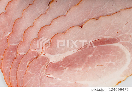 Baked Pork Slices Isolated, Roasted Sliced Loin, Tenderloin Ham Pieces, Boiled Meat Fillet Cuts Baked Pork Slices Isolated, Roasted Sliced Loin, Tenderloin Ham Pieces, Boiled Meat Fillet Cuts 124699473