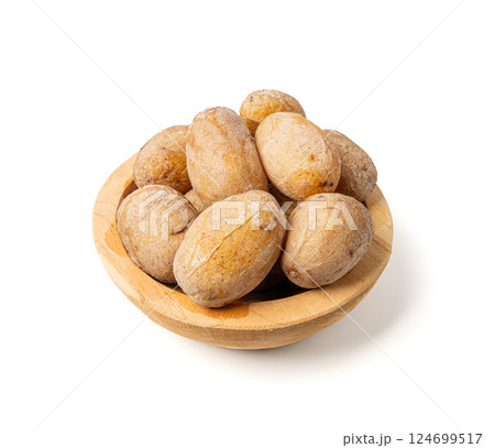 Papas arrugadas sea water boiled potatoes, whole prepared unpeeled vegetables, cooked potato 124699517