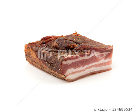 Cured carbonara pork isolated, raw smoked bacon, streaky brisket on white background 124699534