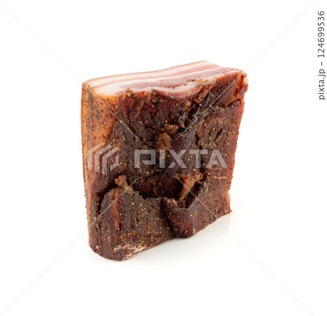 Cured carbonara pork isolated, raw smoked bacon, streaky brisket on white background 124699536