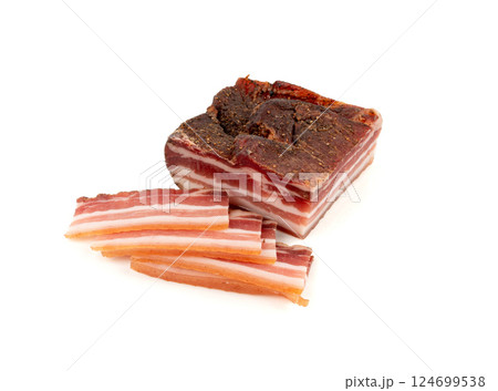 Cured carbonara pork isolated, raw smoked bacon, streaky brisket on white background Cured carbonara pork isolated, raw smoked bacon, streaky brisket on white background 124699538