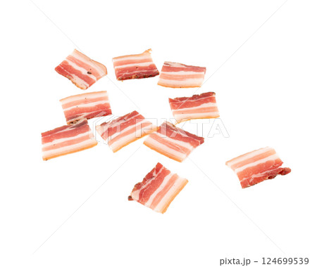 Cured carbonara pork isolated, raw smoked bacon, streaky brisket on white background Cured carbonara pork isolated, raw smoked bacon, streaky brisket on white background 124699539
